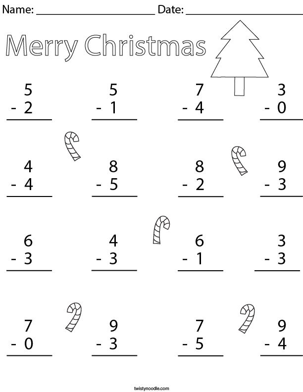 Christmas Single Digit Subtraction Math Worksheet