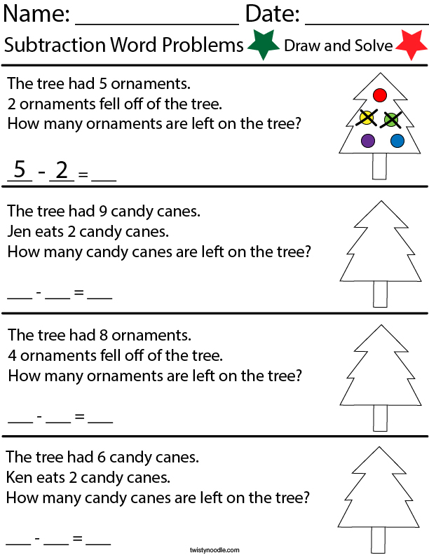 Christmas Subtraction Word Problems Math Worksheet