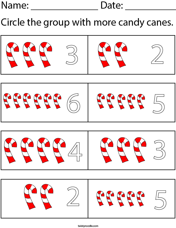 Circle the group that has more candy canes. Math Worksheet