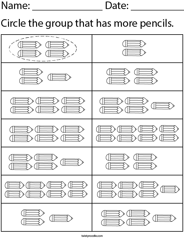 Circle the group that has more pencils. Math Worksheet