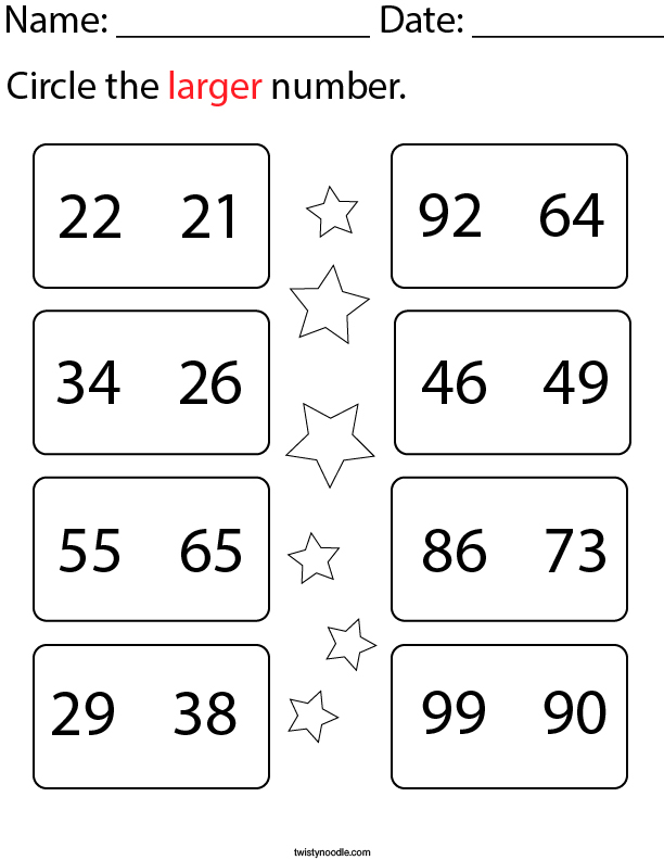 Circle the Larger 2 Digit Number Math Worksheet