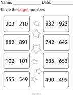 Circle the Larger 3 Digit Number Math Worksheet