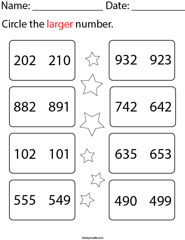 circle the larger 3 digit number math worksheet twisty noodle