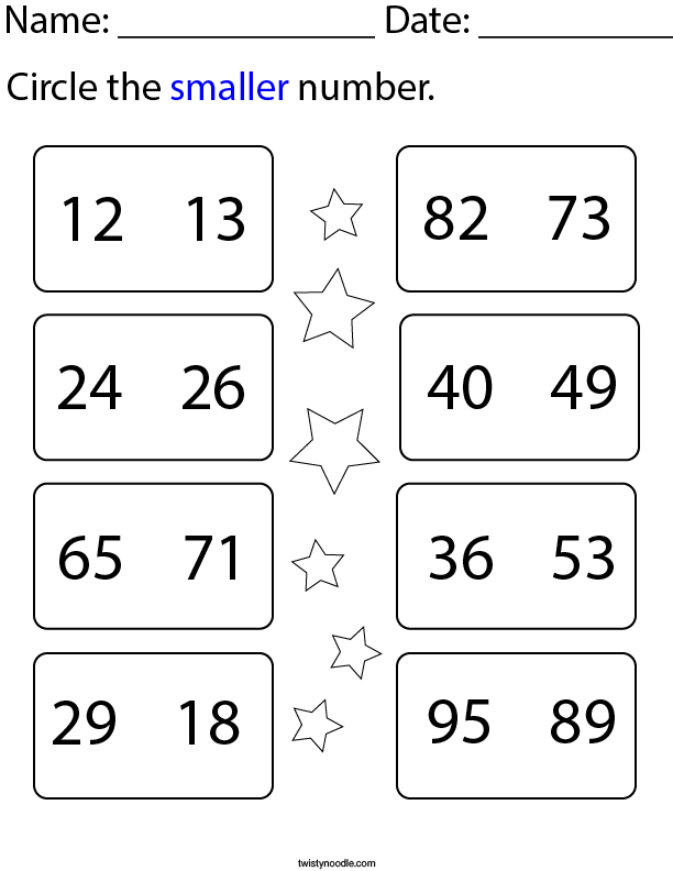 Circle the Smaller 2 Digit Number Math Worksheet
