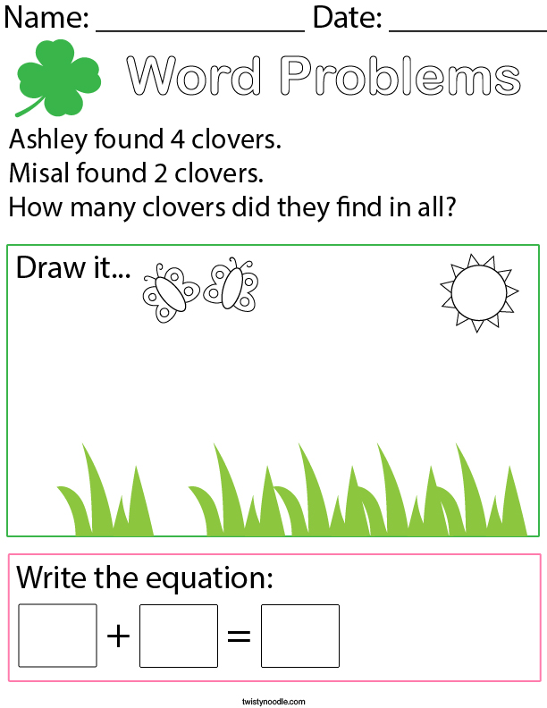 Clover Addition Word Problem Math Worksheet