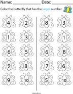 Color the butterfly that has the larger number Math Worksheet