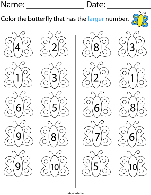 Color the butterfly that has the larger number Math Worksheet
