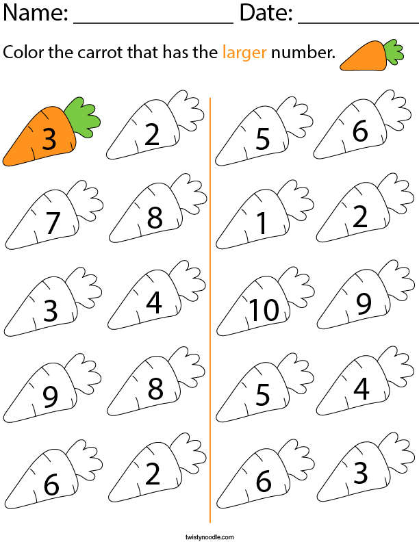 color the carrot that has larger number math worksheet twisty noodle