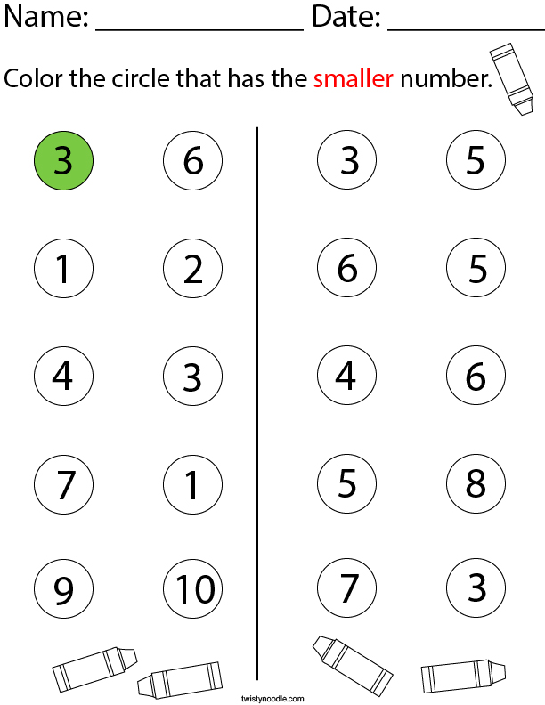 Color the circle that has the smaller number. Math Worksheet