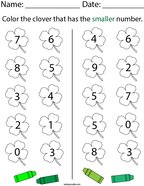 Color the clover that has the smaller number Math Worksheet