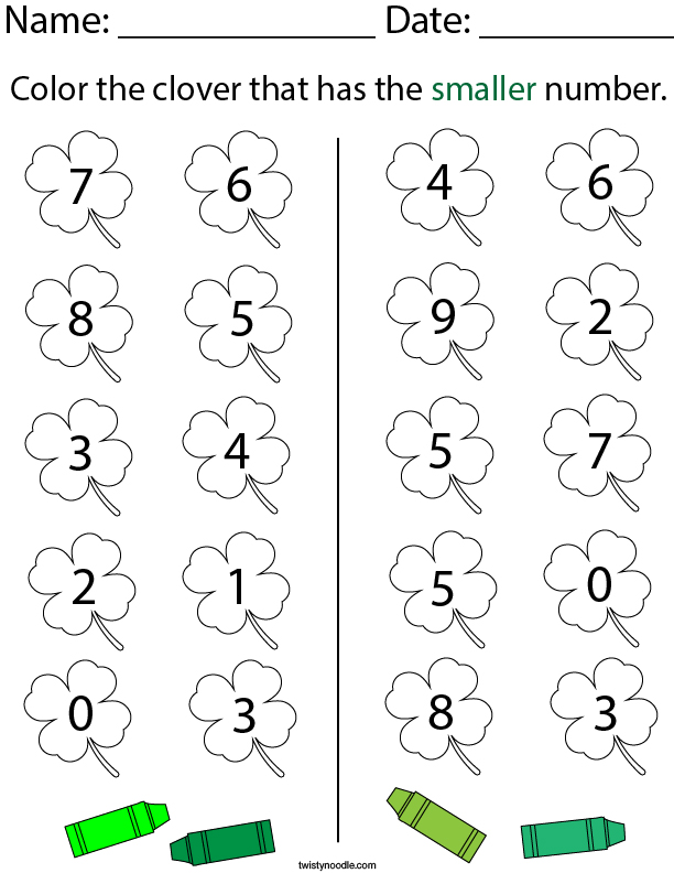 Color the clover that has the smaller number. Math Worksheet