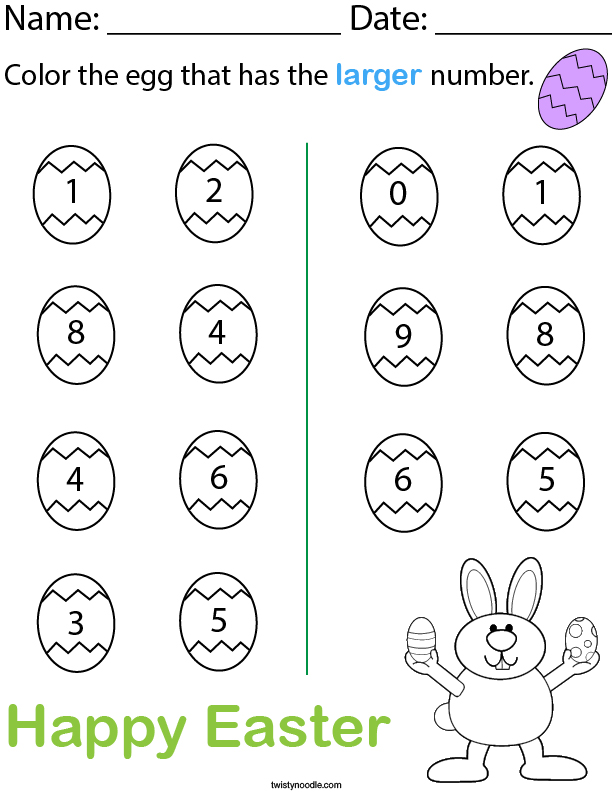 Color the egg that has the larger number. Math Worksheet