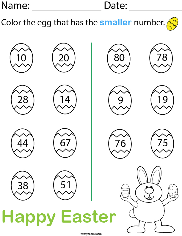 Color the egg that has the smaller number. Math Worksheet