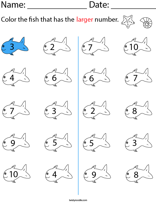 Color the Fish that has the Larger Number Math Worksheet