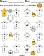 Color the ghost that has the larger number Math Worksheet