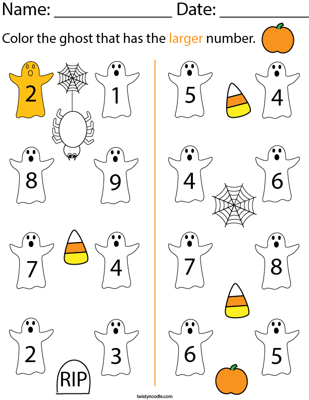 Color the ghost that has the larger number Math Worksheet