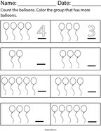Color the group that has more balloons Math Worksheet