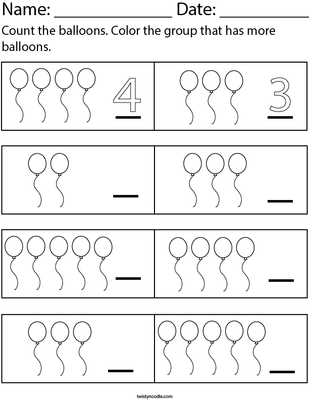 Color the group that has more balloons. Math Worksheet