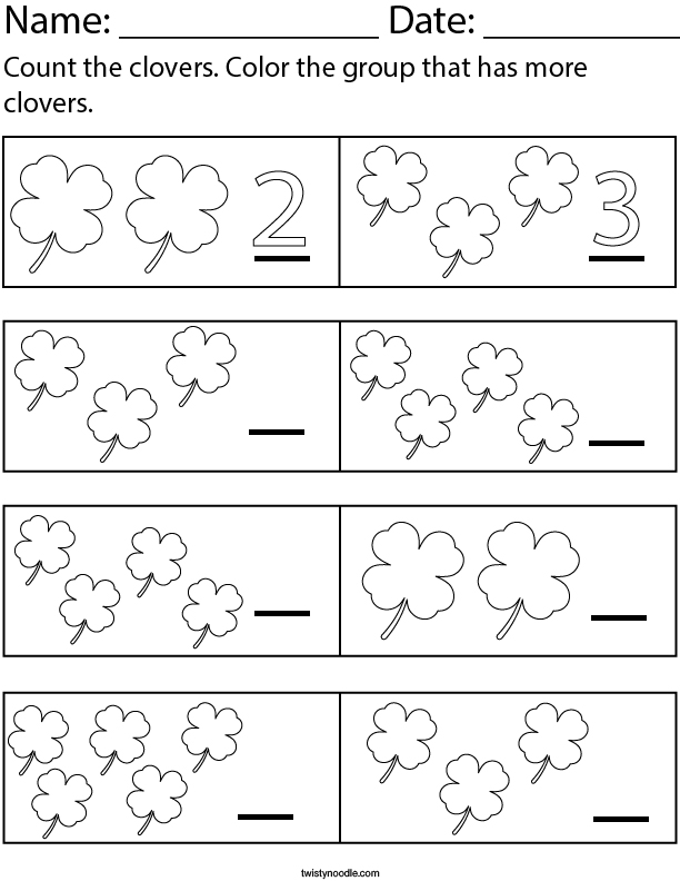 Color the group that has more clovers. Math Worksheet