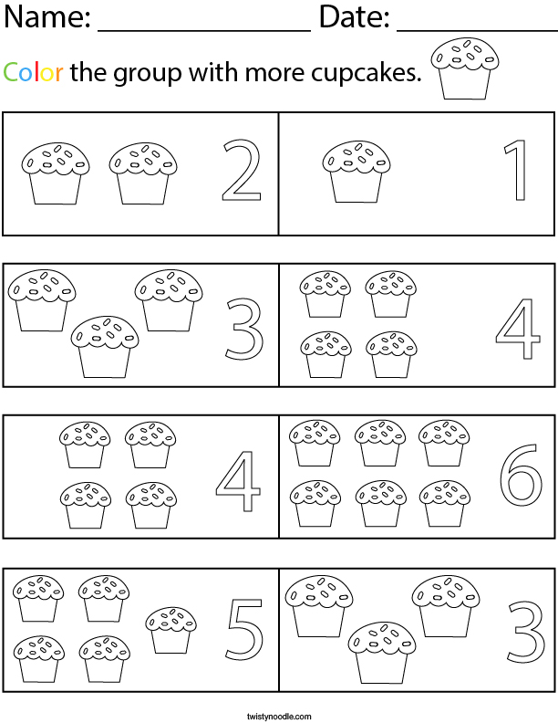 Color the group that has more cupcakes. Math Worksheet