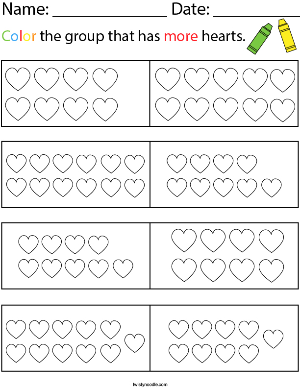 Color the Group that has More Hearts Math Worksheet