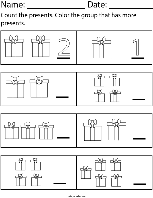 Color the group that has more presents. Math Worksheet