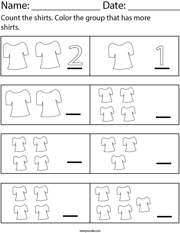 Color the group that has more shirts. Math Worksheet