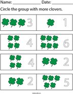 Circle the group with more clovers Math Worksheet