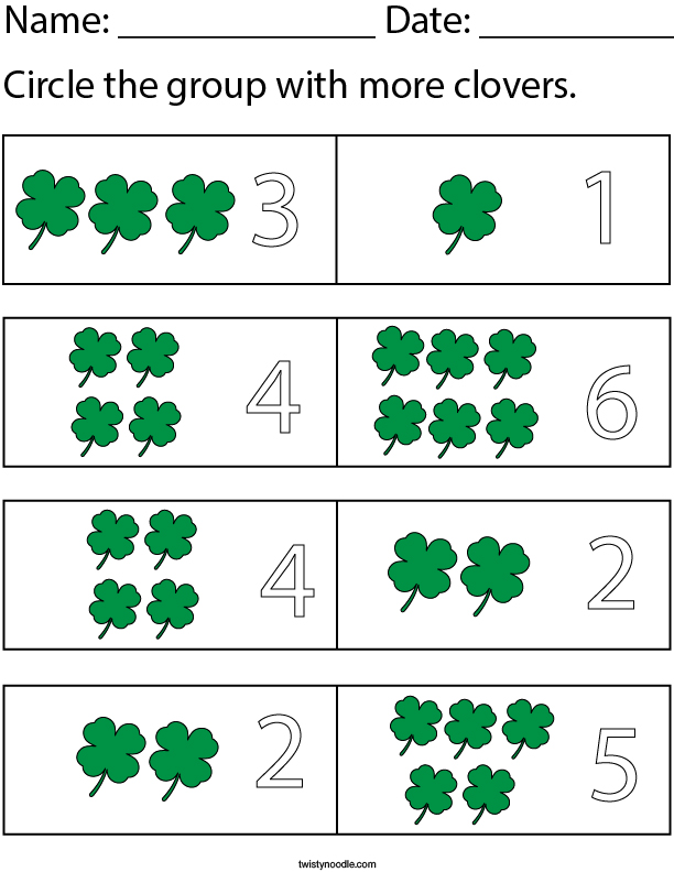 Circle the group with more clovers. Math Worksheet