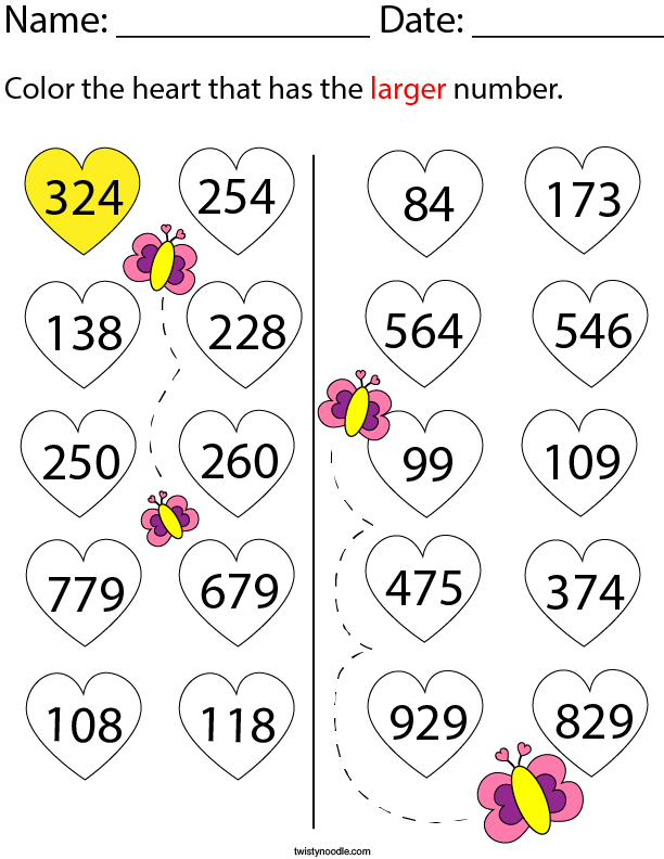 Color the heart that has the larger number. Math Worksheet