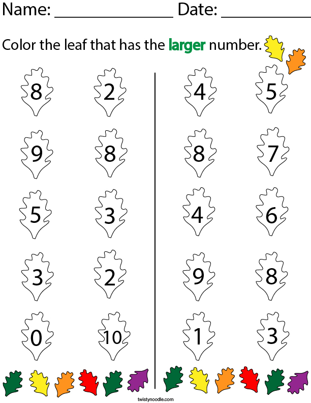 Color the leaf that has the larger number Math Worksheet