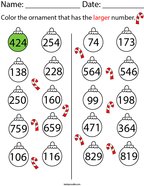 Color the Ornament that has the Larger Number Math Worksheet