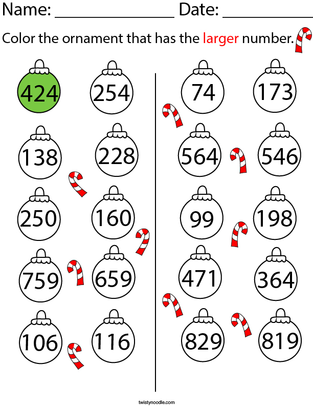 Color the Ornament that has the Larger Number Math Worksheet