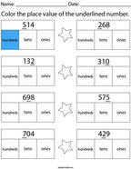 Color the place value of the underlined number- 3 digit Math Worksheet