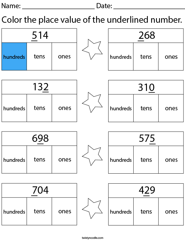 color the place value of the underlined number 3 digit math worksheet