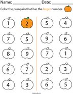 Color the pumpkin that has the larger number Math Worksheet