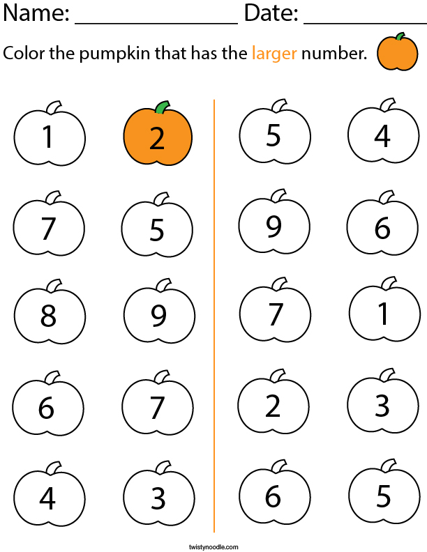 Color the pumpkin that has the larger number. Math Worksheet