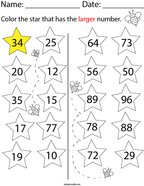 Color the star with the larger number Math Worksheet