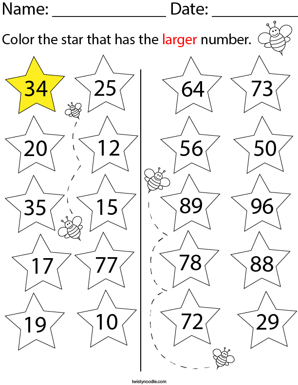 Color the star with the larger number. Math Worksheet