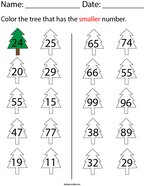 Color the tree that has the smaller number Math Worksheet