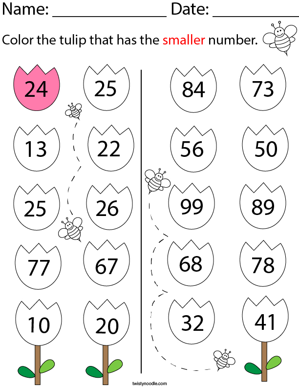 Color the tulip with the smaller number. Math Worksheet