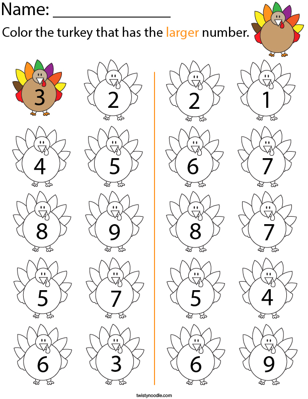 Color the turkey that has the larger number Math Worksheet