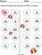 Comparing 2 Digit Numbers- Hearts Math Worksheet