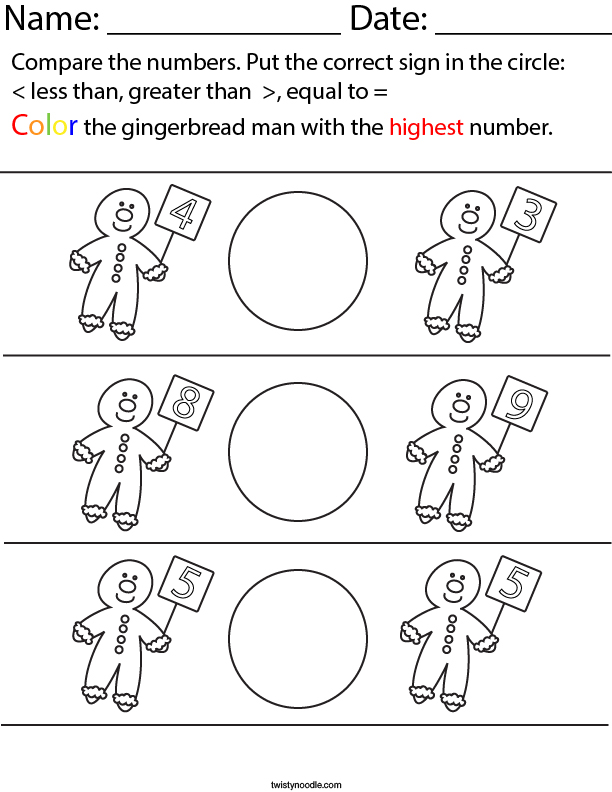Comparing Numbers- Gingerbread Men Math Worksheet