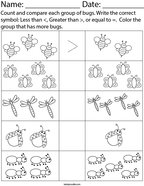 Count and Compare each Group of Bugs Math Worksheet