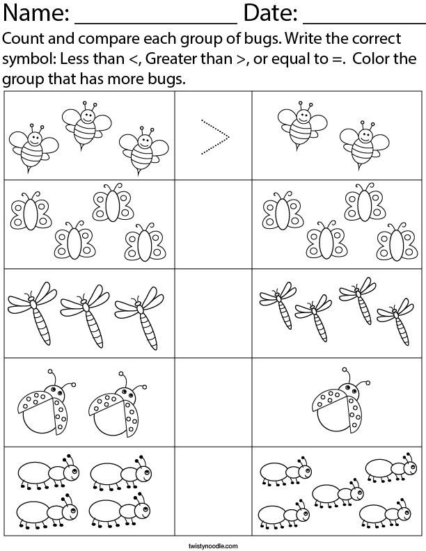 Count and Compare each Group of Bugs Math Worksheet