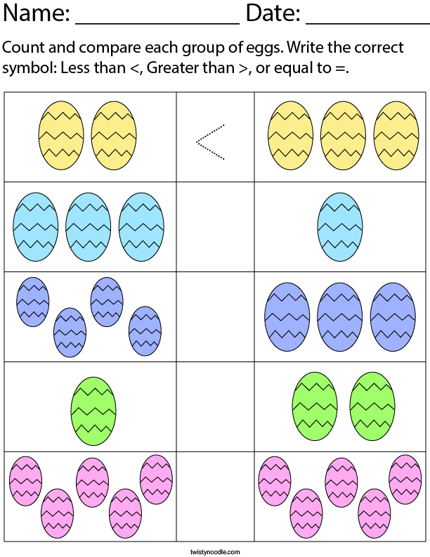 Count and Compare each Group of Eggs Math Worksheet