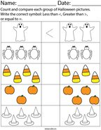 Count and compare each group of Halloween pictures Math Worksheet