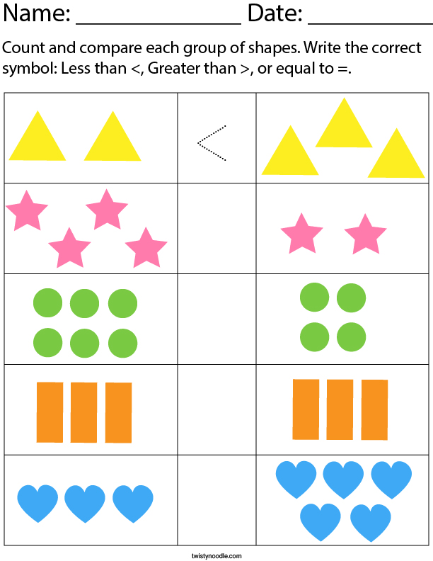 Count and Compare each Group of Shapes Math Worksheet