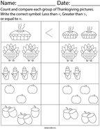 Count and compare each group of Thanksgiving pictures Math Worksheet